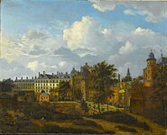 Jan van der Heyden (cityscape) and Adriaen van de Velde (figures). View of the former palace of the dukes of Burgundy in Brussels label QS:Len,"View of the former palace of the dukes of Burgundy in Brussels" label QS:Lpl,"Widok dawnego pałacu książąt Burgundii w Brukseli" label QS:Lnl,"Gezicht op het voormalige paleis van de hertogen van Bourgondië te Brussel" circa 1670-1672. oil on panelmedium QS:P186,Q296955;P186,Q106857709,P518,Q861259. 50 × 62.5 cm (19.6 × 24.6 in). Paris, Louvre Museum.