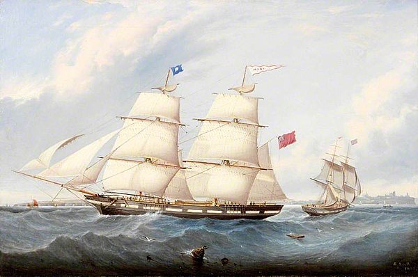 The South Shields collier brig Mary, painted by John Scott in 1855, showing two views of the same vessel. A Bentinck boom is fitted to the foot of the