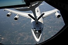 A U.S. Navy E-6B Mercury refuels from a USAF 434th Air Refueling Wing KC-135R Stratotanker (2011). KC-135 refueling E-6B.jpg