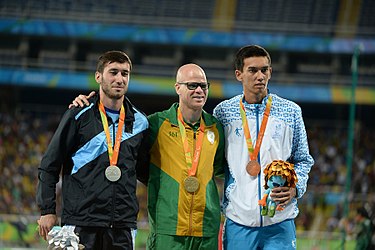 Awarding ceremony (T12). From left: Kamil Aliyev, Hilton Langenhoven and Doniyor Saliev Kamil Aliyev at the 2016 Summer Paralympics - Men's long jump (T12) 16.jpg