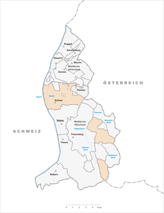 Schaan község helye a Liechtensteini Hercegségben (kattintható térkép)