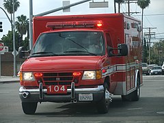 The risk of ambulance crashes affects workers in the cab and patient compartment, patients, and members of the public. LAFD ambulance.jpg