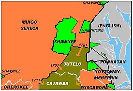 Approximate linguistic divisions c. AD 1700. The Powhatan, Tutelo and Nottoway-Meherrin were tributary to English; the Shawnee were tributary to the Seneca at this time. Languages in VA circa 1700AD.jpg