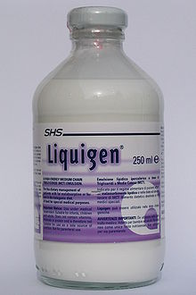 A glass bottle of 250ml of Liquigen, a white opaque liquid.