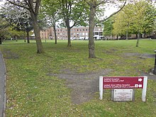 Llwyn Isaf, Wrexham, Wales, with the Wrexham Guildhall in the distance. Llwyn Isaf, Wrexham.JPG