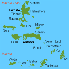Mapka Moluckých ostrovů (bez okolí), ostrov Misool mezi ně obvykle není řazen.