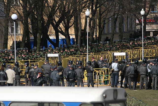 Some of the 3000 police officers cordoning off the square in Saint Petersburg