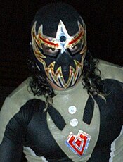 Close up of the masked wrestler Máscara Dorada during a wrestling mask