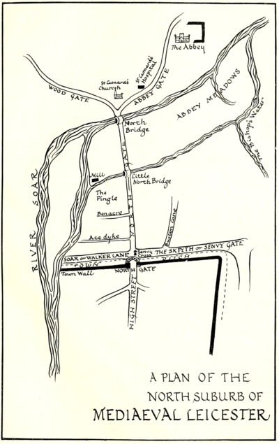 Map showing the North suberb of Medieval Leicester