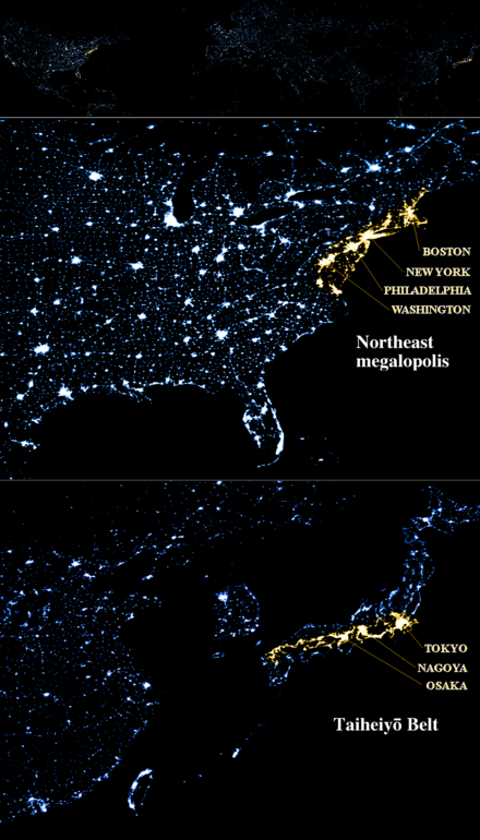 Northeast megalopolis (United States) (top) and Taiheiyō Belt (Japan) (bottom).