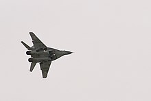MiG 29 of Polish Air Force, turning, gear down, Radom AirShow 2005, Poland.jpg