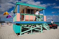 Lifeguard tower and flags. Miami Beach. Miami, FL USA