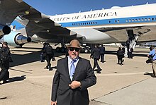 Savage at Moffett Federal Airfield in 2019 before flying on Air Force One with President Donald Trump MichaelSavageAirForceOne.jpg