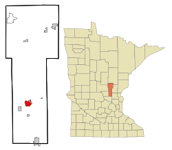 Mille Lacs County Minnesota Incorporated and Unincorporated areas Milaca Highlighted.svg