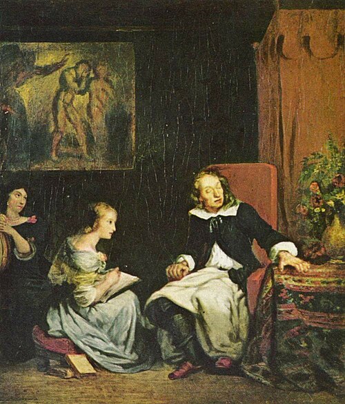 Eugène Delacroix's depiction of Milton dictating Paradise Lost; Milton's line "Better to reign in Hell, than serve in Heav'n" is used in the screenpla