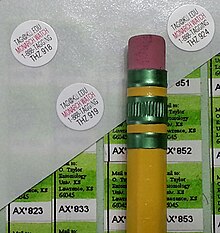 Tags for wings of monarch butterflies to study migration. Circular tags are presently used (2014), green tags were used by Monarch Watch - the University of Kansas Monarch watch tags past and present.jpg