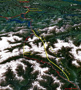 Das Bleniotal mit Bergen rechts der gelben Linie, also fast oberhalb des Gotthard-Basistunnels (Gotthard Base Tunnel).