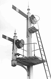 NER slotted-post signals at Wensley on the Hawes Branch, seen in the 1960s NER Signals Wensley.jpg