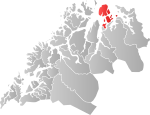 Mapa do condado de Troms com Skjervøy em destaque.