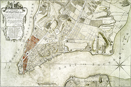 This 1776 map has contemporary markings in red depicting over 20 city blocks damaged by the fire NYCGreatFire1776.jpg