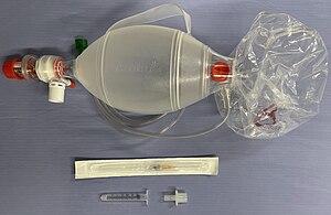 One possible set of equipment for a needle cricothyrotomy includes a bag valve mask, 3 ml syringe with the plunger removed, 7.0-mm adult endotracheal tube adapter, and 14-gauge angiocatheter.