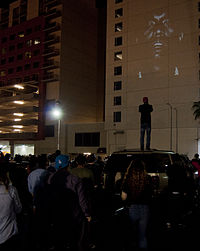 The video for West's "New Slaves" was projected using guerrilla methods on over 60 buildings worldwide. New Slaves projection.jpg