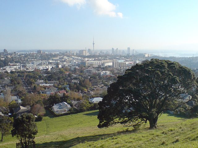View looking northwest over Auckland City from the top of the mountain.