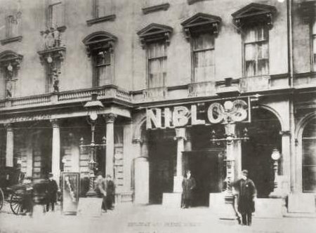 Niblo's Garden, seen here around 1887, was an entertainment venue on Broadway near Prince Street from 1823 to 1895