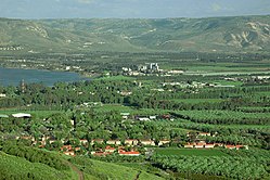 Kvutzat Kinneret (Vordergrund) von Westen, mit Blick auf den See Genezareth und das Jordantal und gegenüber den Golanhöhen (Hintergrund)