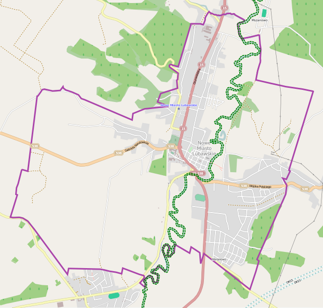 Mapa konturowa Nowego Miasta Lubawskiego, blisko centrum na prawo znajduje się punkt z opisem „Kościół poewangelicki”