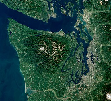 Satellite image of Olympic Peninsula Olympic Peninsula with Puget Sound by Sentinel-2, 2018-09-28 (small version).jpg