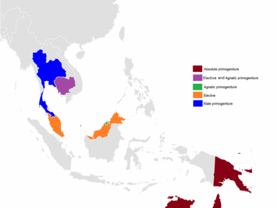 Southeast Asian monarchies by succession.
Absolute primogeniture
Elective and Agnatic primogeniture
Agnatic primogeniture
Elective
Male-primogeniture Order of succession (Primogeniture) in Southeast Asia monarchies.png