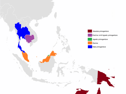 Southeast Asian monarchies by succession:   Absolute primogeniture   Elective and agnatic primogeniture   Agnatic primogeniture   Elective   Male-preference primogeniture