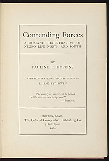 Original title page of Contending Forces (1900). Original Title Page of "Contending Forces" by Pauline Hopkins.jpg