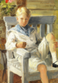 Otto Bache: Dreng i matrostøj siddende på en hvid havebænk (1909)