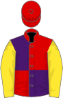 Red and purple (quartered), yellow sleeves, red cap