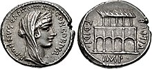 Denarius of Publius Fonteius Capito, 55 BC. The obverse depicts Concordia, an allusion to Cicero's "harmony of the orders". The reverse shows the Villa Publica, with on the left the name of Titus Didius, who restored the building in 98 BC. P. Fonteius Capito, denarius, 55 BC, RRC 429-2a.jpg