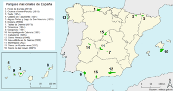 Map showing the distribution of the national parks in Spain as of 2021. Parques nacionales Espana.png