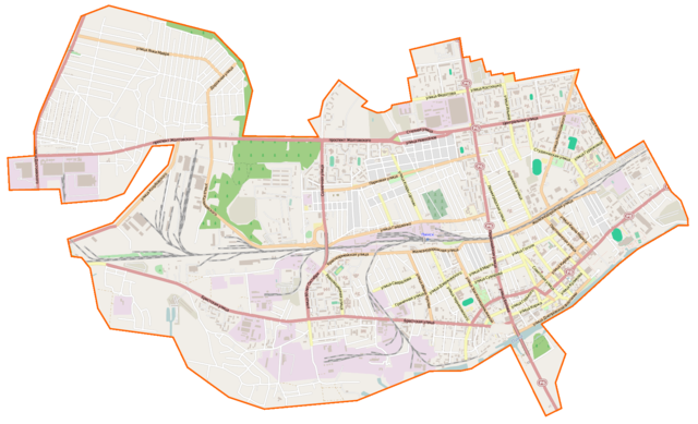 Mapa konturowa Pińska, na dole po prawej znajduje się punkt z opisem „katedra Wniebowzięcia Najświętszej Marii Panny”