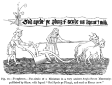 Ploughmen Fac simile of a Miniature in a very ancient Anglo Saxon Manuscript published by Shaw with legend God Spede ye Plough and send us Korne enow.png