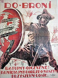 Polish propaganda poster. The text says: "To Arms! Defend the Country! Remember well our future fate." Polish-Soviet War- 1920 Polish recuritment poster.jpg