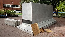 The pedestal after the statue was topped during the Indigenous Peoples Day of Rage in 2020