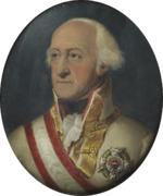 Painting of a white-haired man with a receding hairline. He wears a white military uniform with gold braid on the collar while his chest is adorned with a large silver award and a red and white sash.