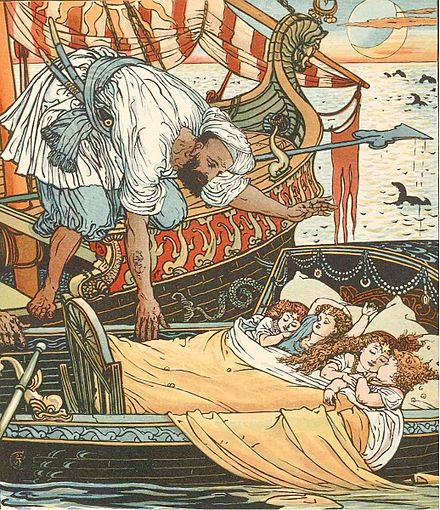 The children of Queen Blondine and of her sister, Princess Brunette, picked up by a Corsair after seven days at sea; illustration by Walter Crane to the fairy tale Princess Belle-Etoile.