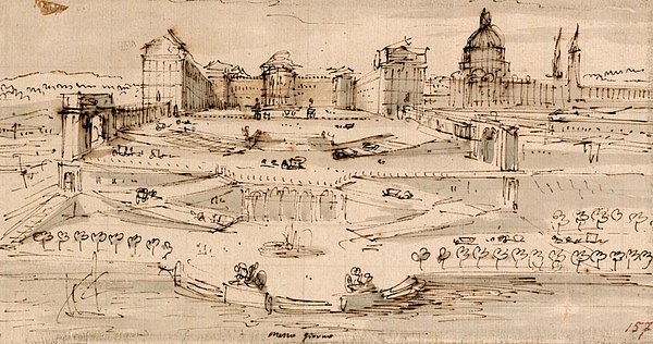 Draft of the palatial complex planned in Lisbon by Filippo Juvarra for King John V of Portugal.