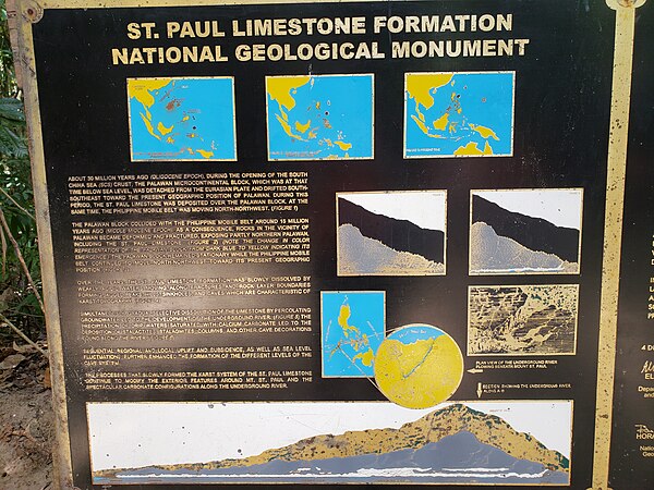 Puerto Princesa Subterranean River National Park marker describing the geologic history of the Philippines