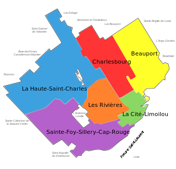 Current boroughs of Quebec City as of November 1. Quebec Arrondissements.svg