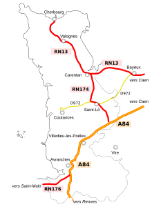 Road network in the area of the Cotentin Peninsula