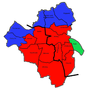 Map of the results of the 2018 Reading Borough Council election. Labour in red, Conservatives in blue and the Greens in green. RBC 2018Election.gif