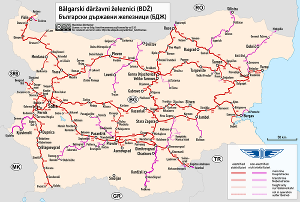 Map of Bulgaria's railroad network